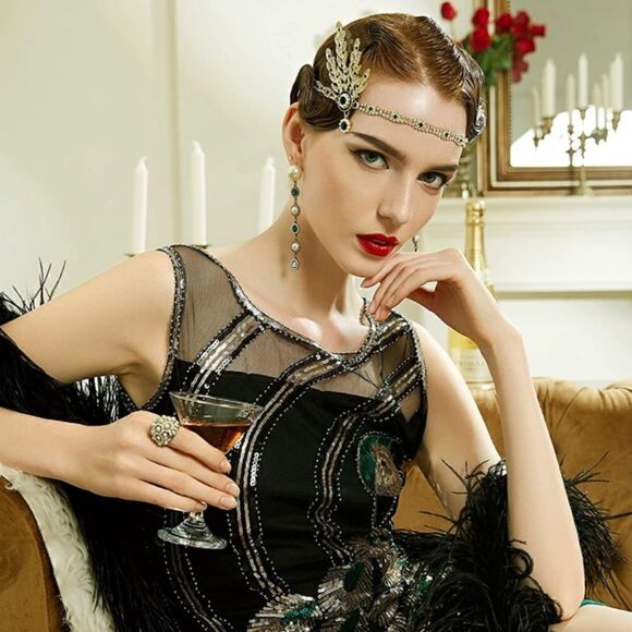 ✨ NWT Art Deco 1920’s Gatsby Flapper Crystal Rhinestone & Pearl, Gold Headband - Picture 3 of 5